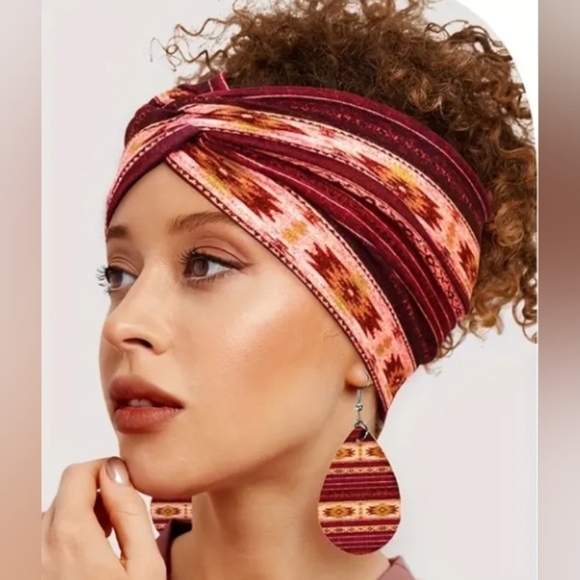2 Piece Tribal CrissCross Knotted Hairband and Matching Print Drop Earrings - Picture 2 of 3